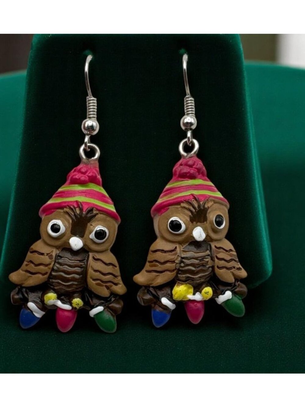 Festive Owl Bird Christmas Dangle Earrings Santa Hat Holiday Lights